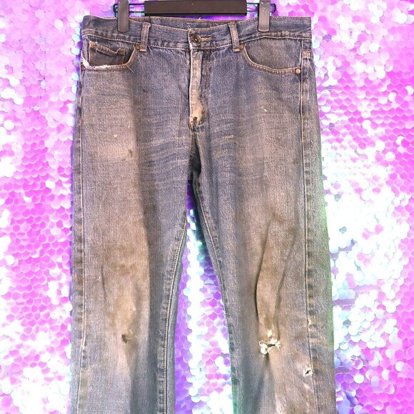 DISTRESSED JEANS 33x34 Iron Co *FLAWED* Ripped Whiskered Bootcut Grunge Denim - Picture 1 of 11